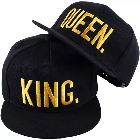 Lot of 2 KING. & Queen. Snapback Hat Flat Brim Baseball Cap Black,Yellow Letters - Picture 1 of 3